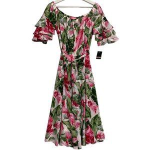 NWT Gabby Skye floral dress tiered sleeves open neck detachable belt pink green